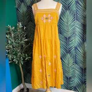 Madewell yellow embroidered midi dress, size 6